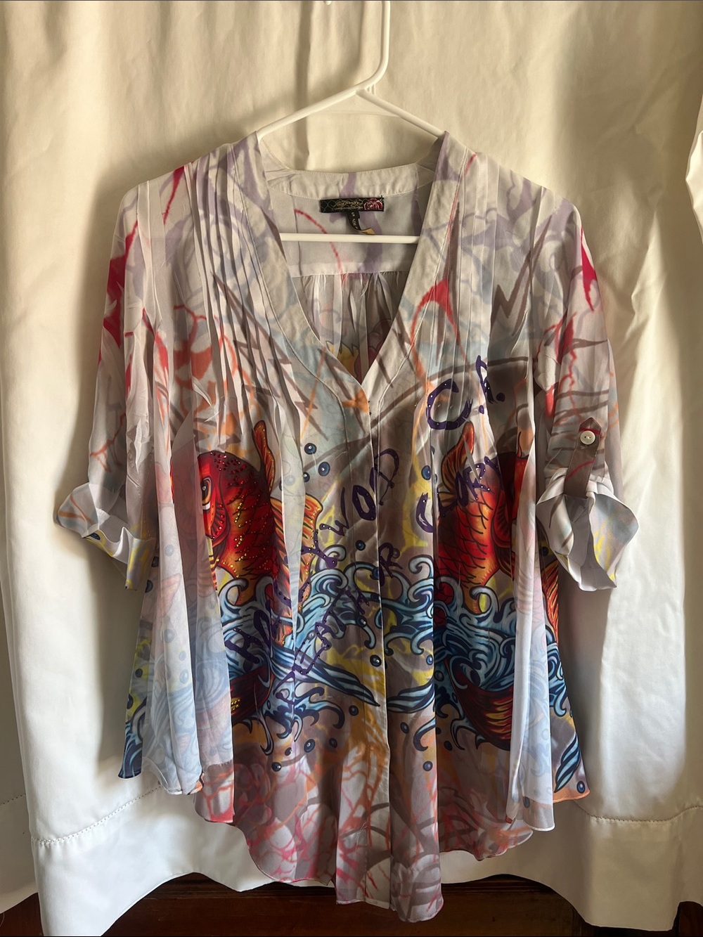Ed Hardy White Multicolor Koi Fish V-Neck Tunic